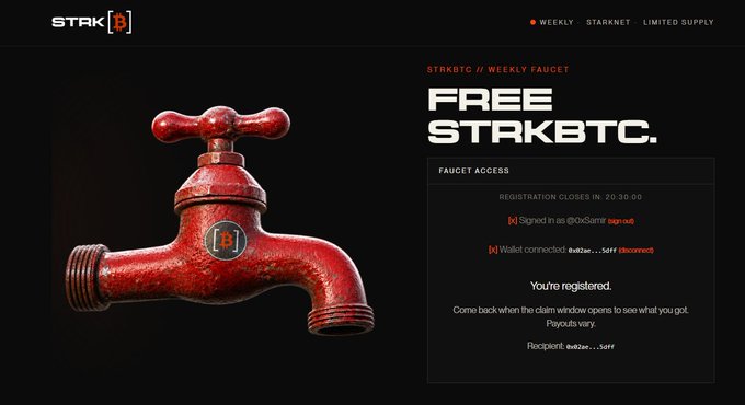 A promotional webpage for STRK[B] displaying a red faucet with text reading 'FREE STRKBTC' and showing faucet access status with a wallet connected.
