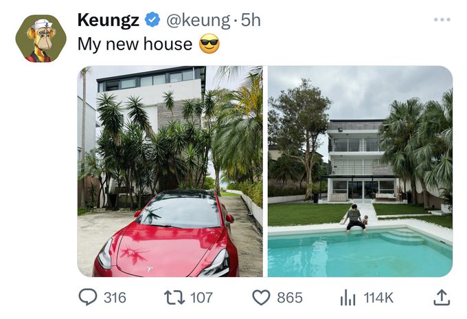 A tweet from verified user @keungz, posted 5 hours ago with the caption "My new house 😎," shows two photos of a luxury modern home with palm trees, a Tesla in the driveway, and a swimming pool, garnering 316 replies, 107 retweets, 865 likes, and 114K views. The accompanying post criticizes crypto influencers who flaunt luxury lifestyles to lure retail investors, suggesting the displayed wealth is a tool to extract money during bull runs before liquidity dries up.