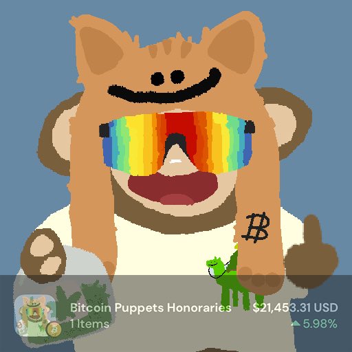 A pixel-art illustration of a monkey wearing a hat and rainbow ski goggles, with a thumbnail overlay reading 'Bitcoin Puppets Honoraries 1 Items $21,453.31 USD 5.98%'.