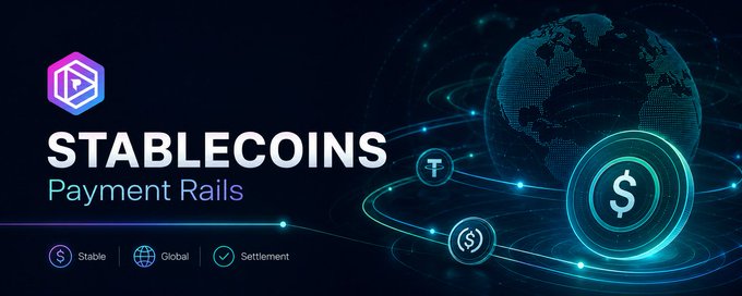 A dark digital banner titled "STABLECOINS Payment Rails" featuring a glowing globe, dollar sign icons, and orbital rings, with taglines "Stable," "Global," and "Settlement" — visually reinforcing the post's point that stablecoins are evolving into a worldwide payment infrastructure beyond the USDT vs USDC rivalry.