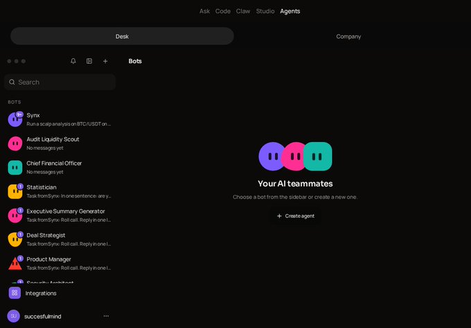 Dark-themed AI agent dashboard interface showing a sidebar with bots including Synx, Audit Liquidity Scout, Chief Financial Officer, Statistician, Executive Summary Generator, Deal Strategist, and Product Manager, with a main area prompting 'Your AI teammates' and a '+ Create agent' button.