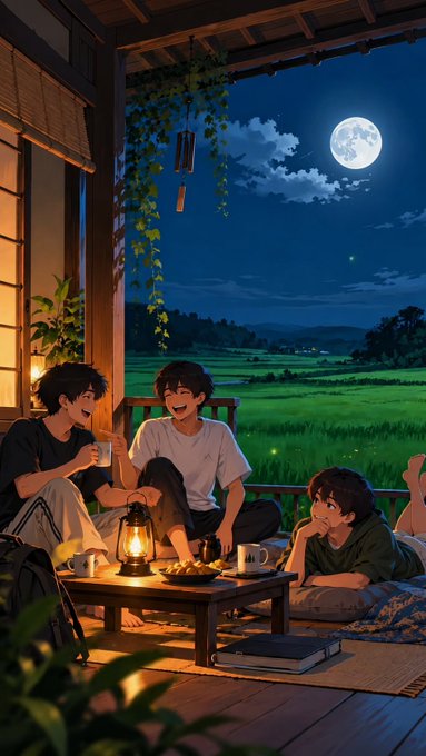 An anime-style illustration depicts three young men relaxing on a traditional wooden porch at night, illuminated by a lantern with a full moon and green fields in the background.