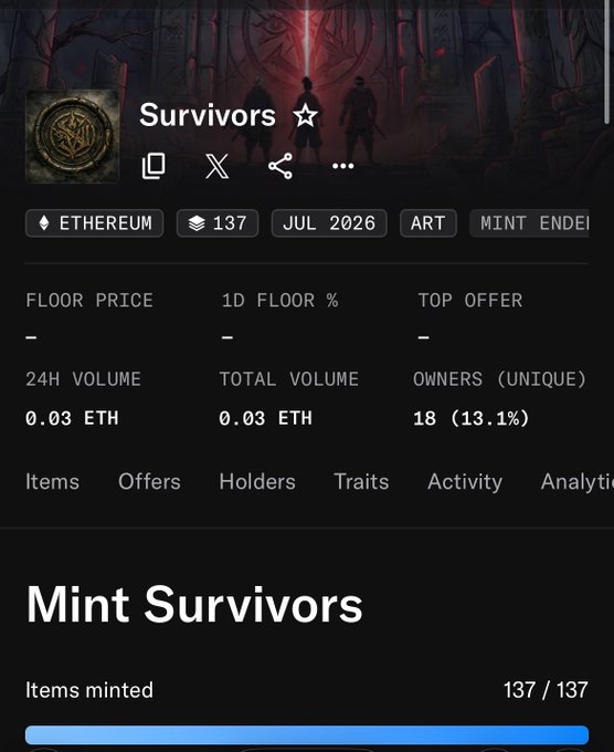 An NFT collection page on a marketplace showing the 'Survivors' collection on Ethereum, with 137 items minted out of 137, an ending mint, and 18 unique owners.