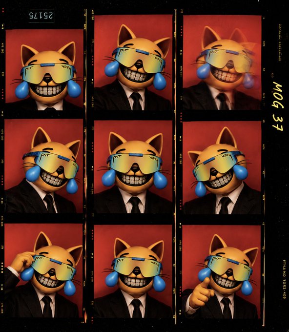 A contact-sheet style image showing nine variations of a 3D-rendered cat character with an exaggerated grinning face, wearing sunglasses with blue lens reflections and a black suit, set against a red background with 'KODAK PORTRA 400' and 'NEG 37' markings.