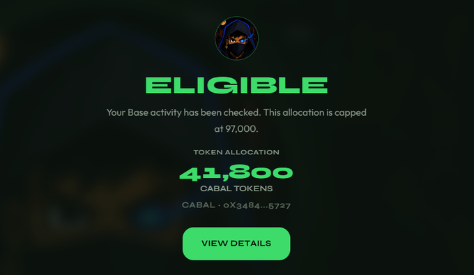 Digital interface screen showing 'ELIGIBLE' status with a token allocation of 41,800 CABAL tokens for address 0X3a4...5727.