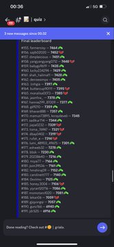 A screenshot of a mobile chat showing a long list of "Find leaderboard" entries with usernames and numerical scores, topped by the text "3 new messages since 00:30".