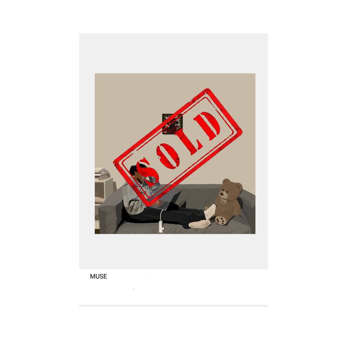 An illustration of a person lounging on a couch with a teddy bear and a glass of milk, overlaid with a large red 'SOLD' stamp; the word 'MUSE' appears below.