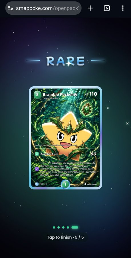 A screenshot from smapocke.com/openpack displaying a "RARE" "Bramble Pockémy" trading card (HP 110, Grass-type, 80 damage "Bramble Rush" attack) with "Tap to finish - 5/5" at the bottom, promoting a Smart Pocket giveaway that requires a Solana address and account registration.