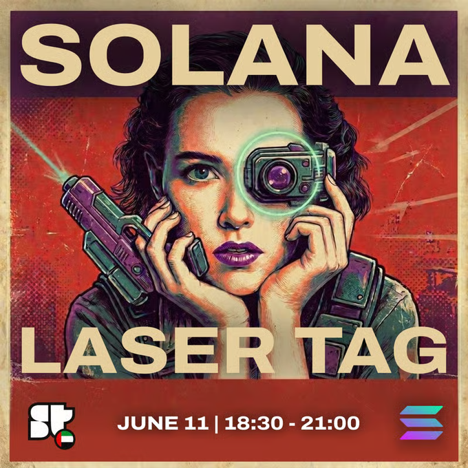 The image features a poster for an event called "SOLANA Laser Tag", which was scheduled to take place on June 11th at 18:30. The poster also mentions that there might be some content missing, as indicated by the text "Missed it? ↓".