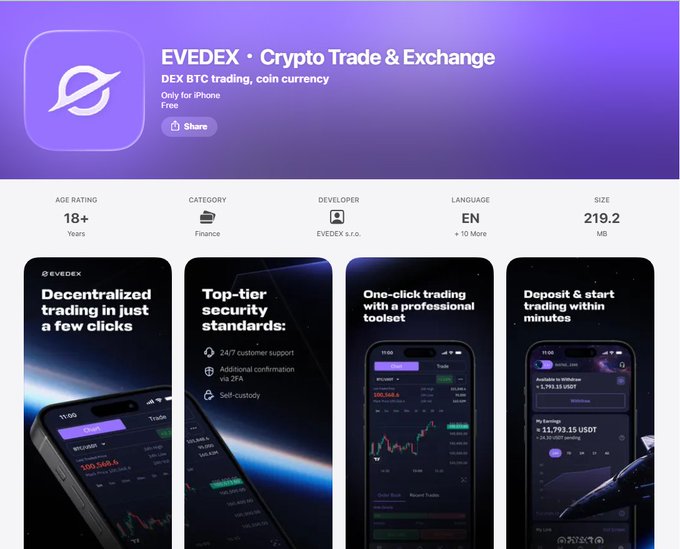 App Store listing for 'EVEDEX · Crypto Trade & Exchange', a decentralized BTC trading and coin currency app, 18+ rated, 219.2 MB, developed by EVEDEX s.r.o.