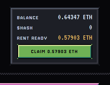 A digital wallet interface displays a balance of 0.64347 ETH with 0.57903 ETH rent ready to claim, illustrating the unpaid rental income referenced in the post about earnings accumulated by "living cats" across mint epochs.