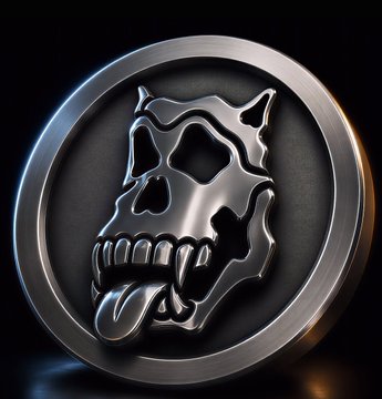 A 3D-rendered silver coin or medallion featuring a stylized skull with fangs and an extended tongue set against a dark background.