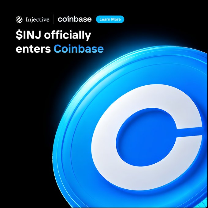 Promotional graphic with Injective and Coinbase logos announcing that '$INJ officially enters Coinbase,' featuring a glowing blue circular emblem against a black background.