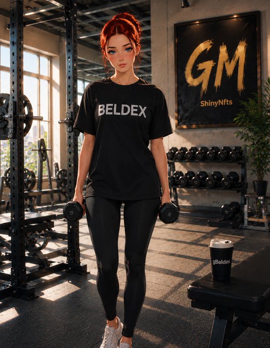 An animated female character with red hair stands in a gym wearing a black 'BELDEX' t-shirt and leggings, holding dumbbells, with a 'GM ShinyNfts' poster on the wall behind her.