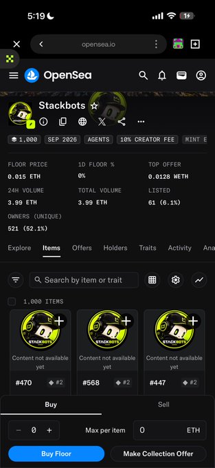 The image shows the OpenSea NFT collection page for "Stackbots" with a floor price of 0.015 ETH ($36) and 1,000 items. It contrasts with the post claiming a $4 mint price versus the current $36 floor price, highlighting potential profit for early minters.