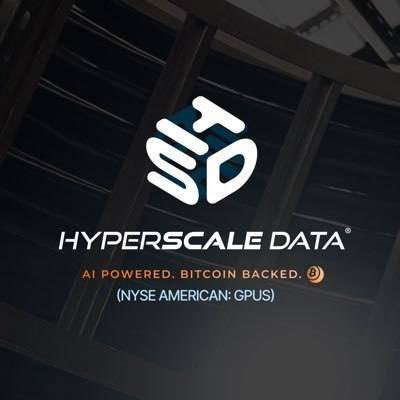 A logo graphic for 'HYPERSCALE DATA' with text reading 'AI POWERED. BITCOIN BACKED.' and '(NYSE AMERICAN: GPUS)' displayed beneath a stylized SD emblem.