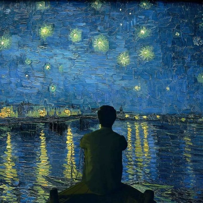 An image combining Van Gogh's 'Starry Night Over the Rhône' painting with a silhouette of a man sitting on a dock facing the water.