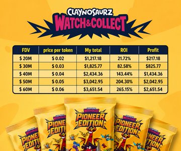 A promotional graphic for Claynosaurz 'Watch & Collect' displays a table showing FDV, price per token, and ROI calculations.