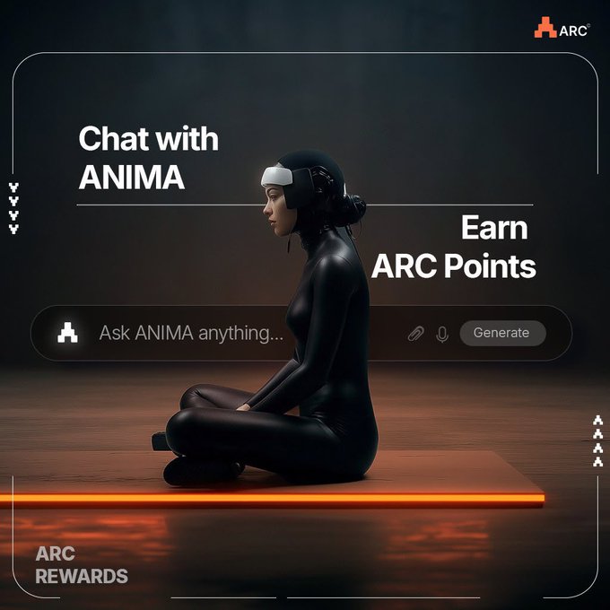 Promotional image for ARC featuring a woman in a black bodysuit sitting cross-legged while wearing a VR headset, with text reading 'Chat with ANIMA', 'Earn ARC Points', 'Ask ANIMA anything...', and 'ARC REWARDS'.
