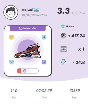 A StepN app screenshot showing a 'Finisher Lv.30' sneaker NFT with a 3.3 GST/Min earnings rate, user 'mojumi', 417.24 earnings, 11.0 km, 02:05:59 time, and 13,589 steps.