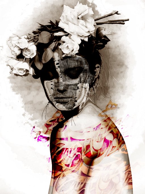 A striking mixed-media portrait of a figure adorned with a crown of white roses and dark twigs, featuring a cracked, textured face and a torso overlaid with vibrant magenta and gold graffiti-like brushstrokes against a watercolor-washed background. The artwork's ethereal, layered beauty mirrors the artist's gratitude for a sale, symbolizing how each piece takes on new meaning and life when it becomes part of a collector's personal story.