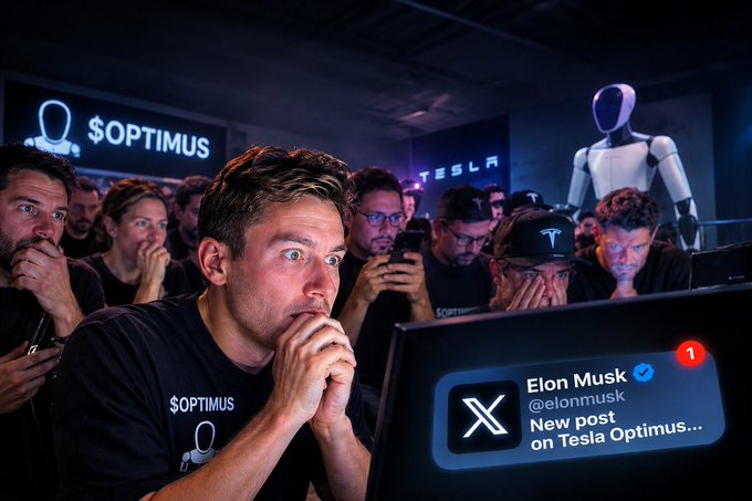 A crowd of anxious $OPTIMUS investors wearing branded shirts stare intently at a screen displaying Elon Musk's (@elonmusk) verified X post about Tesla Optimus, with a Tesla Optimus robot visible in the background under a glowing "$OPTIMUS" sign. The image captures the tense anticipation described in the caption as fans await each new update from Musk about the humanoid robot project.