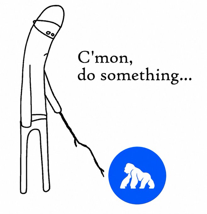 A stick figure holding a stick prods a gorilla icon, urging "$APE, do something" with mentions of @mfigge, @imjameshall, and @honeybd. The cartoon humorously reflects impatience with $APE (the ApeCoin token) for not moving, visually echoing the "ape do something" meme often used in crypto communities.
