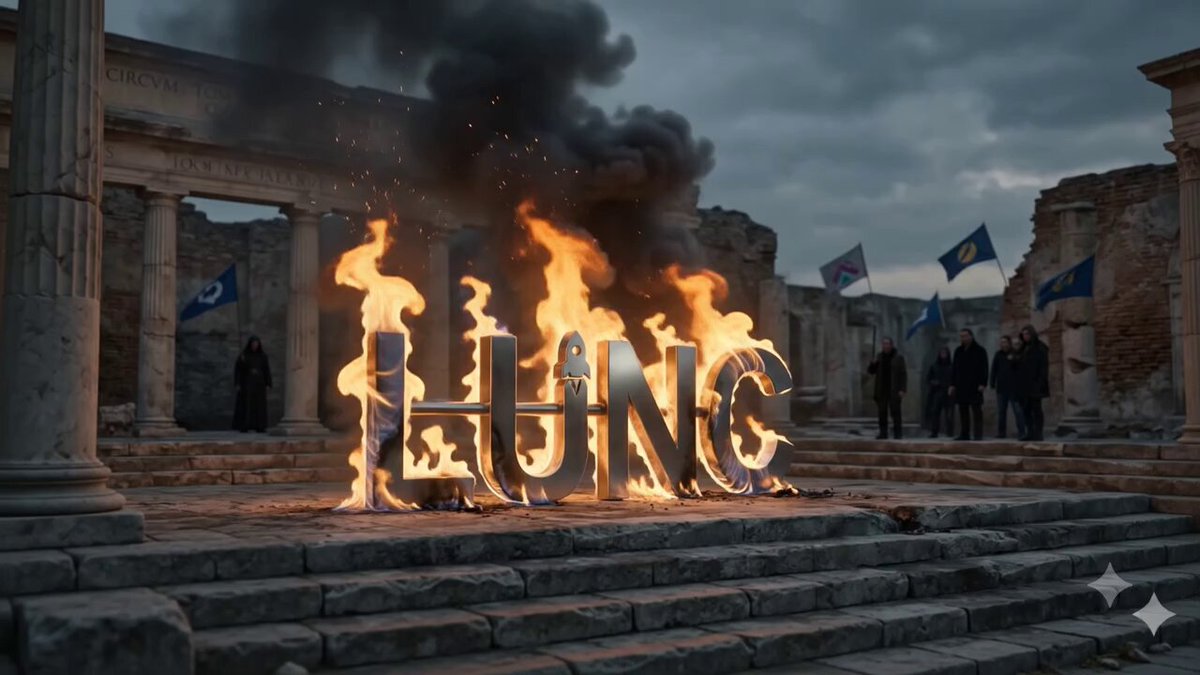 The image shows a large fire burning down a building, with the word "LUNC" written above it. The fire appears to be consuming the structure, creating an intense scene of destruction. The surrounding area includes several people standing nearby, possibly witnessing or reacting to the event. The image also contains text that reads "BREAKING NEWS :Over 2Billion $LUNC was burned today #Binanceburn lunccommunity.com/terra/supply".