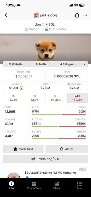 A mobile screenshot of a cryptocurrency trading interface for 'dog / SOL' on Solana via PumpSwap, showing a Shiba Inu puppy photo, price $0.002061, market cap $2.0M, and 'dog @ / SOL' ticker details.
