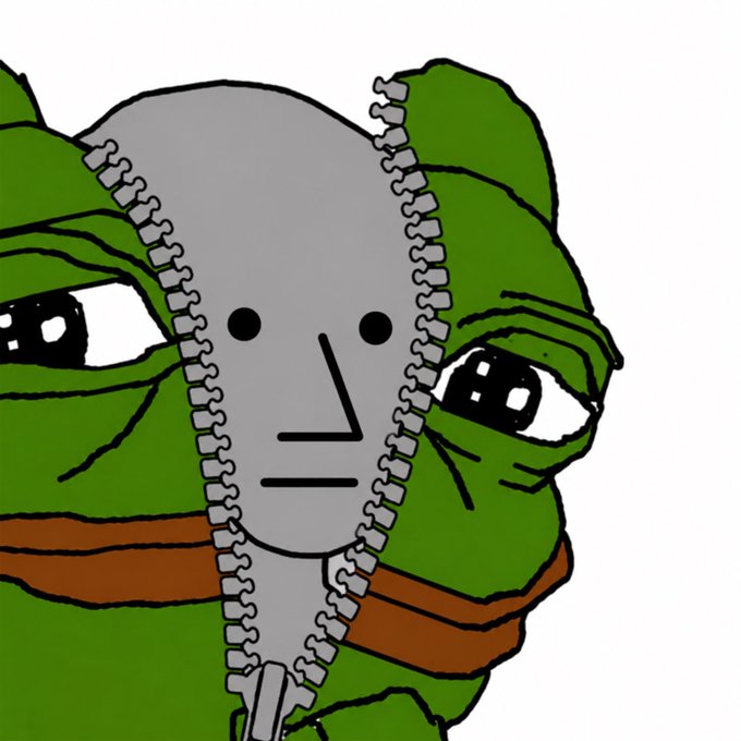 Cartoon drawing of a green frog-like character with large eyes wearing a gray face mask with zipper details.