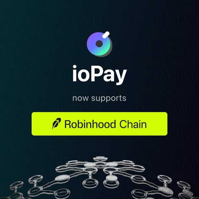 A dark promotional graphic for ioPay wallet featuring its gradient circular logo at the top and the text "ioPay now supports" above a bright yellow button labeled "Robinhood Chain" with a feather icon, set against a backdrop of a 3D node-and-chain network symbolizing blockchain connectivity. The image visually announces ioPay's new integration with Robinhood Chain, aligning with the post's message about expanding access to Real World Assets (RWA) and tokenized stocks within the IoTeX ecosystem.
