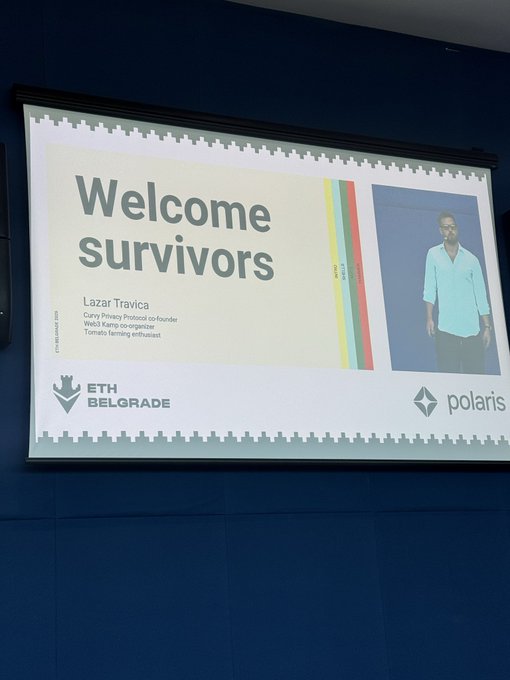 A presentation screen at ETH Belgrade reads 'Welcome survivors' and introduces Lazar Travica from Curve, alongside the Polaris logo.