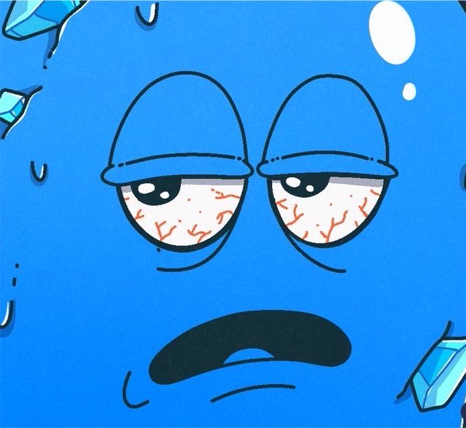 A cartoon illustration of a blue face with droopy, bloodshot eyes and a frowning mouth, surrounded by floating blue crystal-like shapes.