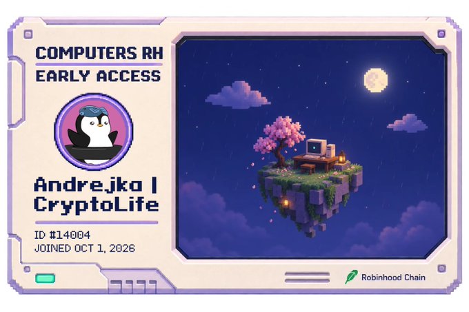 A digital card titled 'COMPUTERS RH EARLY ACCESS' for 'Andrejko | CryptoLife' (ID #14004, joined OCT 1, 2026), displaying a pixel art scene of a floating island with a cherry blossom tree, computer, and full moon, alongside a penguin character and the Robinhood Chain logo.