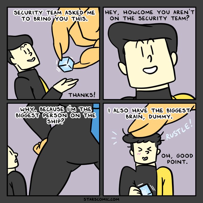 A four-panel comic strip from Starscomic.com where a character explains they aren't on the security team because they have the 'biggest brain on the ship,' only to have their brain ruffled by a giant hand.