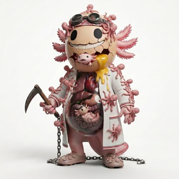 A surreal designer art toy featuring a grotesque character with exposed brain matter, lab goggles, and a pickaxe, surrounded by fleshy pink tendrils, paired with a post celebrating the collector-driven evolution of "The Lab" generative NFT collection.