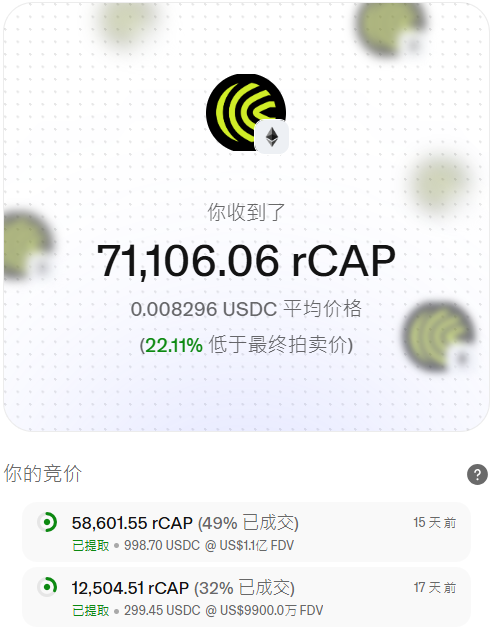 A screenshot showing receipt of 71,106.06 rCAP tokens at an average price of 0.008296 USDC, marked 22.11% below the final auction price.