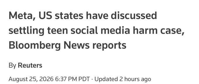 A news headline from Reuters dated August 25, 2026, reads "Meta, US states have discussed settling teen social media harm case, Bloomberg News reports." This potential settlement news relates to the accompanying post noting $META reaching overnight highs at $573.20, suggesting the stock rallied on reports of Meta exploring a settlement over teen social media harm claims.
