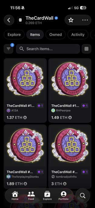 The image shows a mobile view of TheCardWall NFT collection with multiple Level 5 membership cards listed at prices ranging from 1.37 ETH to 3 ETH, supporting the post's claim about acquiring 15 memberships and the rising Level 5 floor price (1 ETH+). Visible details include 0.269 ETH total holdings, 348M+ $WALL burned tokens, and 84 PSA 10 slabs already delivered, directly illustrating the post's argument about betting on the underlying value beyond just owning 15 NFTs.