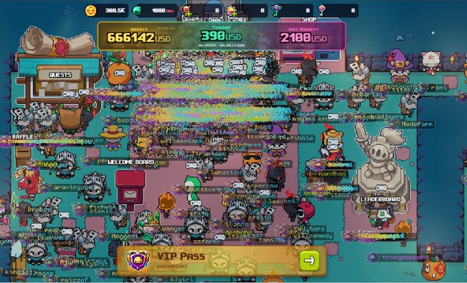 A crowded 2D MMO game scene features numerous player avatars and pets with chat messages scrolling across a colorful tavern or town square.