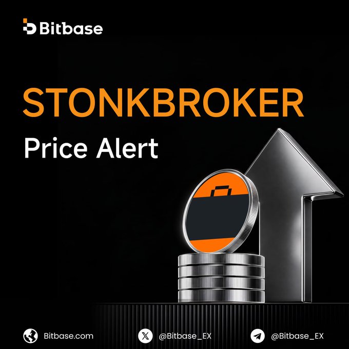 The image is a Bitbase promotional graphic featuring a metallic arrow pointing upward alongside an orange and black coin resting on a stack of silver coins, symbolizing price growth. It displays the Bitbase logo and the bold text "STONKBROKER Price Alert," aligning with the post announcing the token's +69.85% 24-hour gain and encouraging viewers to trade it on Bitbase.