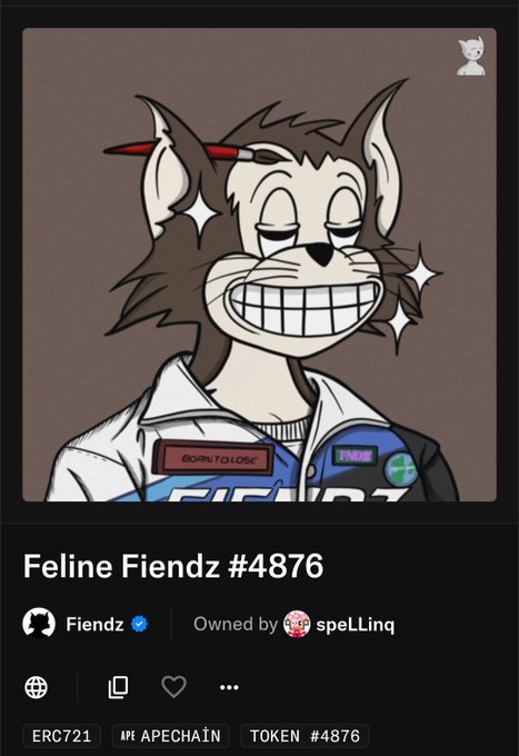 An NFT listing for "Feline Fiendz #4876" on ApeChain (ERC-721 token) showing a cartoon feline character in a white and blue jacket, owned by speLLinq.