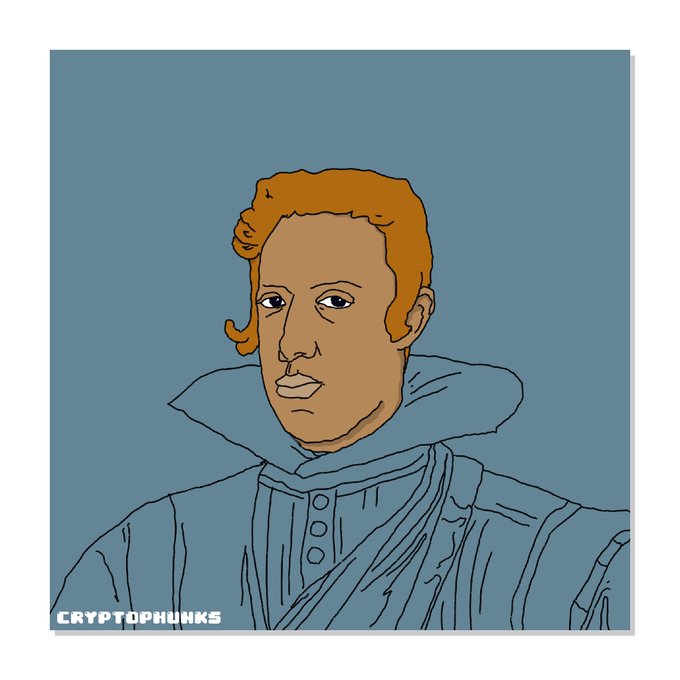 A stylized digital portrait of a red-haired man with a mustache and goatee, wearing a high-collared Renaissance-style blue garment, with 'CRYPTOPUNKS' labeled at the bottom left.