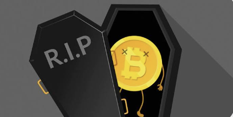 A cartoon illustration of a golden Bitcoin coin with X-shaped eyes lying inside an open black coffin marked "R.I.P.".