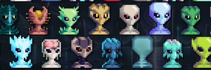 A pixel art collection displaying two rows of various colorful alien creatures against a dark background.
