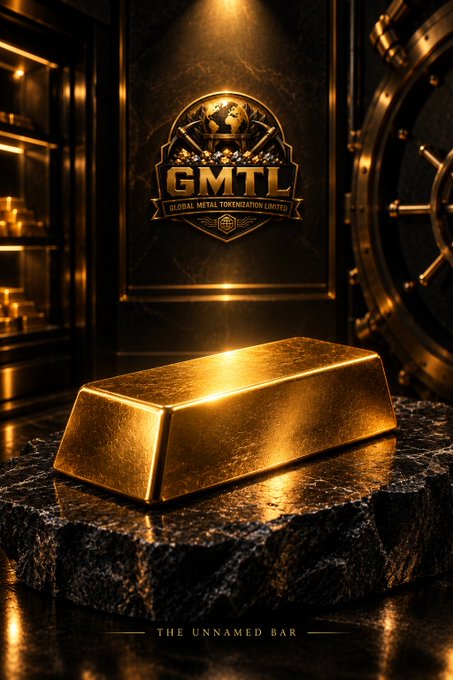 A promotional image showing a gold bar labeled 'THE UNNAMED BAR' resting on dark stone in front of a 'Global Metal Tokenization Limited' (GMTL) logo and vault door.