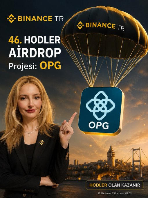 This image announces the 46th Hodler Airdrop project, OPG, by Binance TR, featuring the OPG logo and a parachute with "BINANCE TR" branding. The visual
