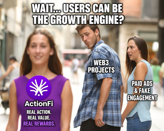 The image shows a man wearing a blue plaid shirt walking down a street, with a woman standing behind him who appears to be looking at him. Another person can also be seen in the background of the image. The text "WAIT... users can be the growth engine" is displayed above them, and there are two more lines of text below that read "WEB3 PROJECTS paid ads & fake engagement".