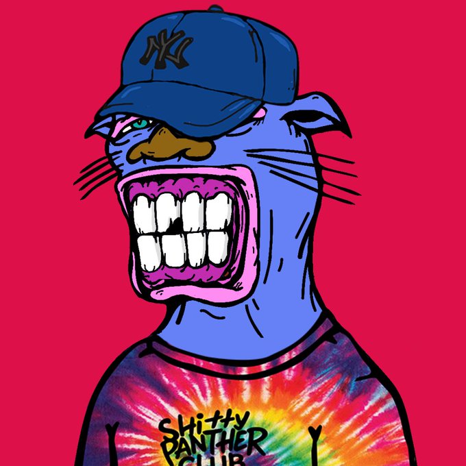 A cartoon illustration of a purple panther wearing a blue New York Yankees cap and a tie-dye shirt with the text "Shitty Panther Club" on a bright pink background.