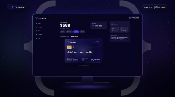 A TrenSIK cryptocurrency dashboard interface displayed on a monitor, showing a total balance of $589 with a virtual XRP Ledger card and wallet options.